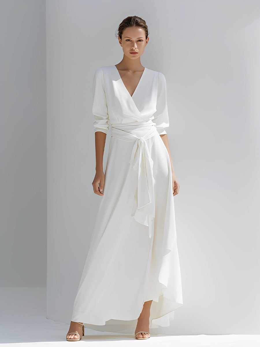 Women's Ivory Flowy Dress With Wrap Silhouette & Asymmetric Hem, Modern Effortless-Sophisticated Style Dress