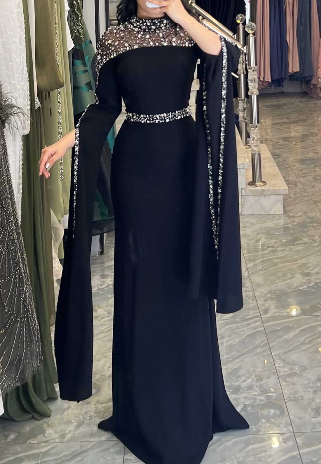 High Neck Long Sleeves Beaded Sleek Sheath Formal Dress
