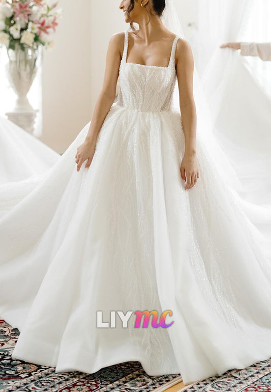 Square Beaded Embroidery Ball Gown Wedding Dress