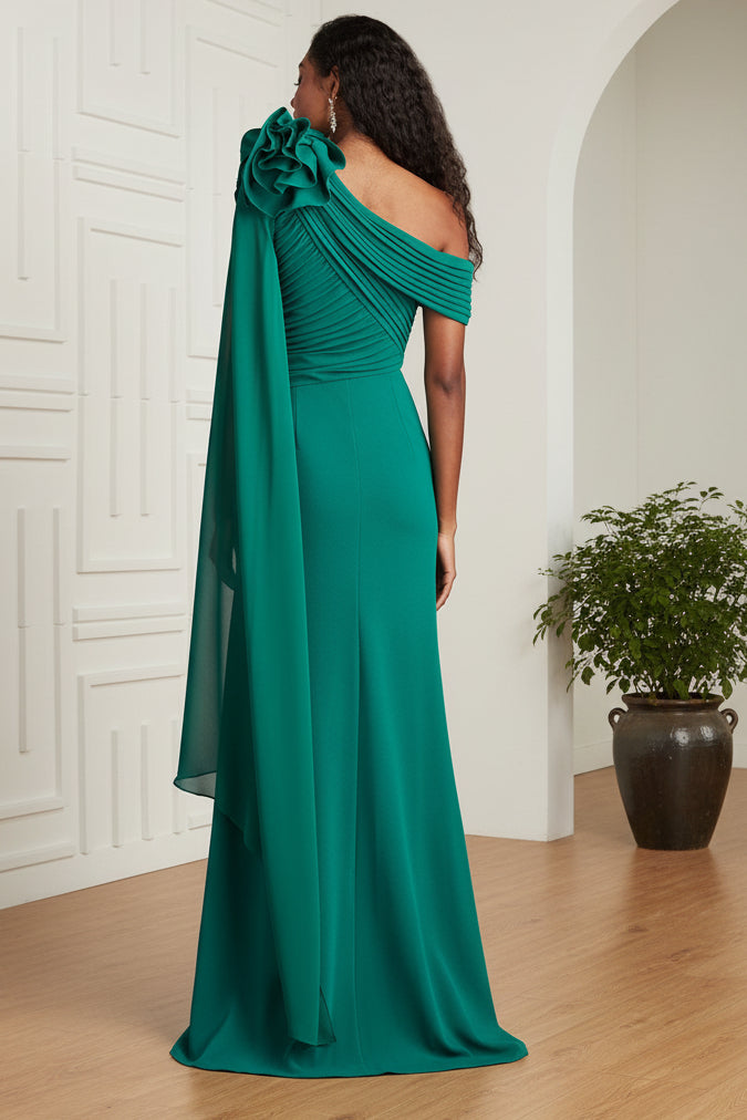 One Shoulder Pleated Floral Sheath Evening Dress