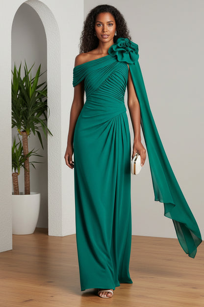 One Shoulder Pleated Floral Sheath Evening Dress