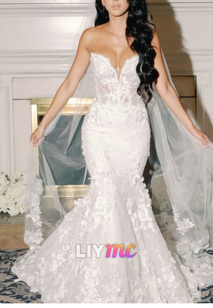 V-Neck Floral Appliques Mermaid Wedding Dress