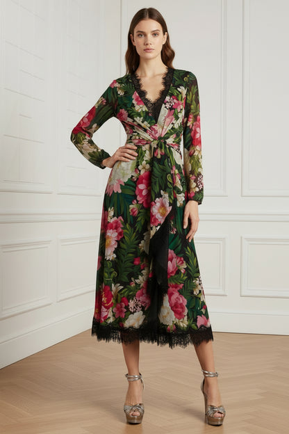 V-Neck Cocktail Dress A-Line  Floral-Printed Dress