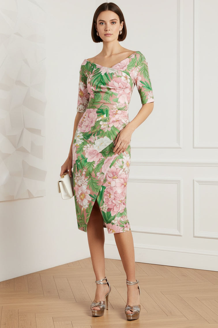 V-Neck Half Sleeves Sheath Floral Cocktail Dress