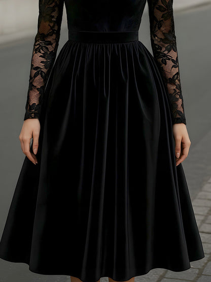Velvet Midi Dress With Floral Lace Sleeves