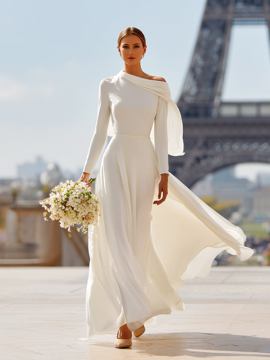 Women's White Modern Crepe One - Shoulder Draped Wedding Formal Gown