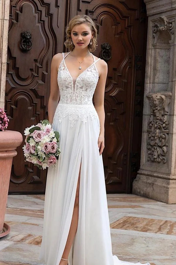 Simple Long A-line Split V-neck Wedding Dress With Chiffon Lace