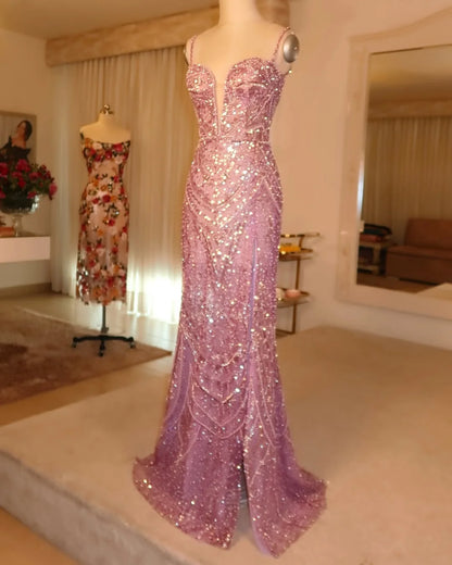 Dreamy Light Purple Spaghetti-Straps Beadings Sleeveless Split Prom Dress YK0130