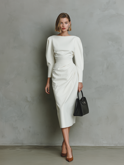 Women's Elegant White Long-sleeved Slim-fit Knit Midi Dress With Pleated Waist