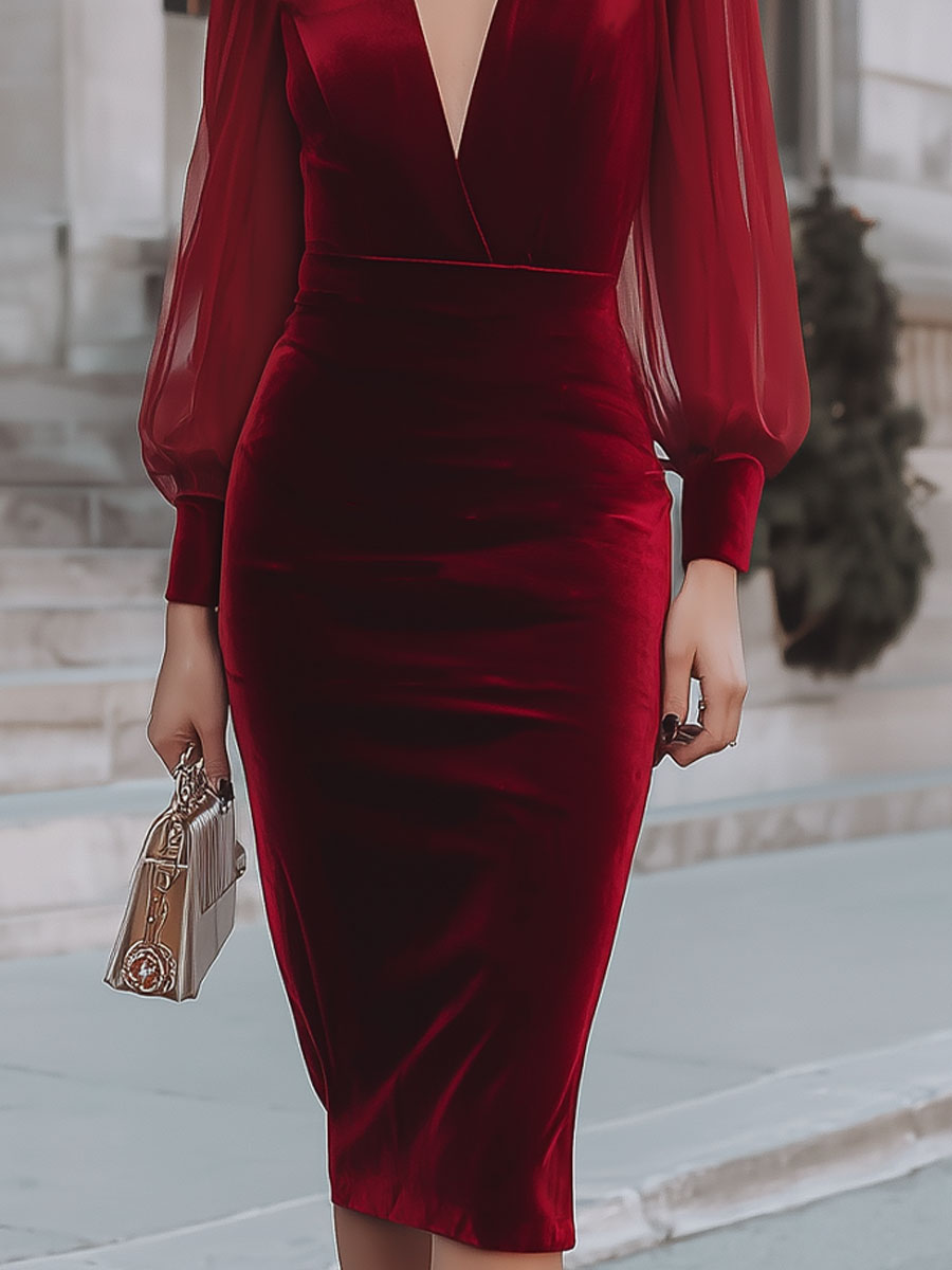 Burgundy Velvet Deep V-Neck Midi Dress: Elegant Statement For Formal Occasions