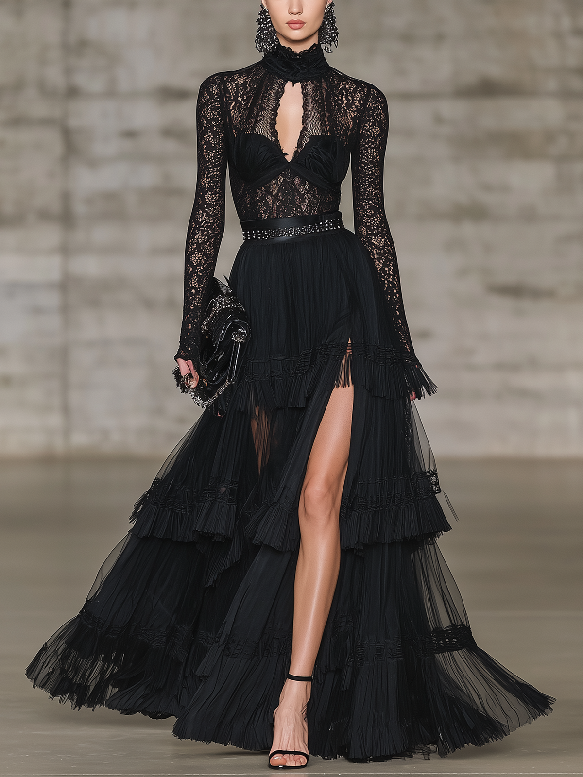 Black Lace Fringe Chiffon Slit Maxi Dress