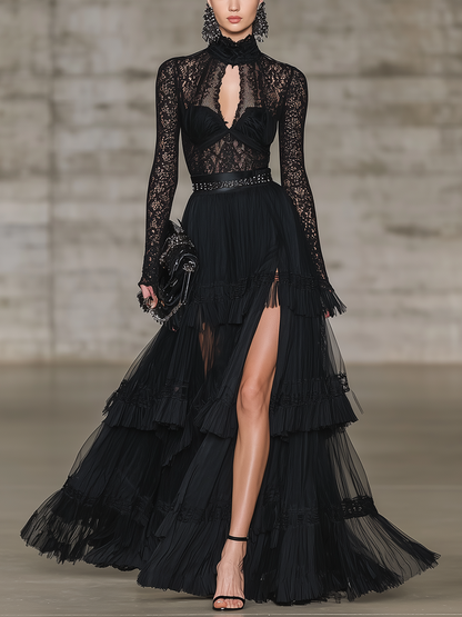 Black Lace Fringe Chiffon Slit Maxi Dress