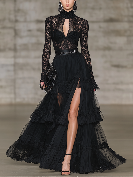 Black Lace Fringe Chiffon Slit Maxi Dress