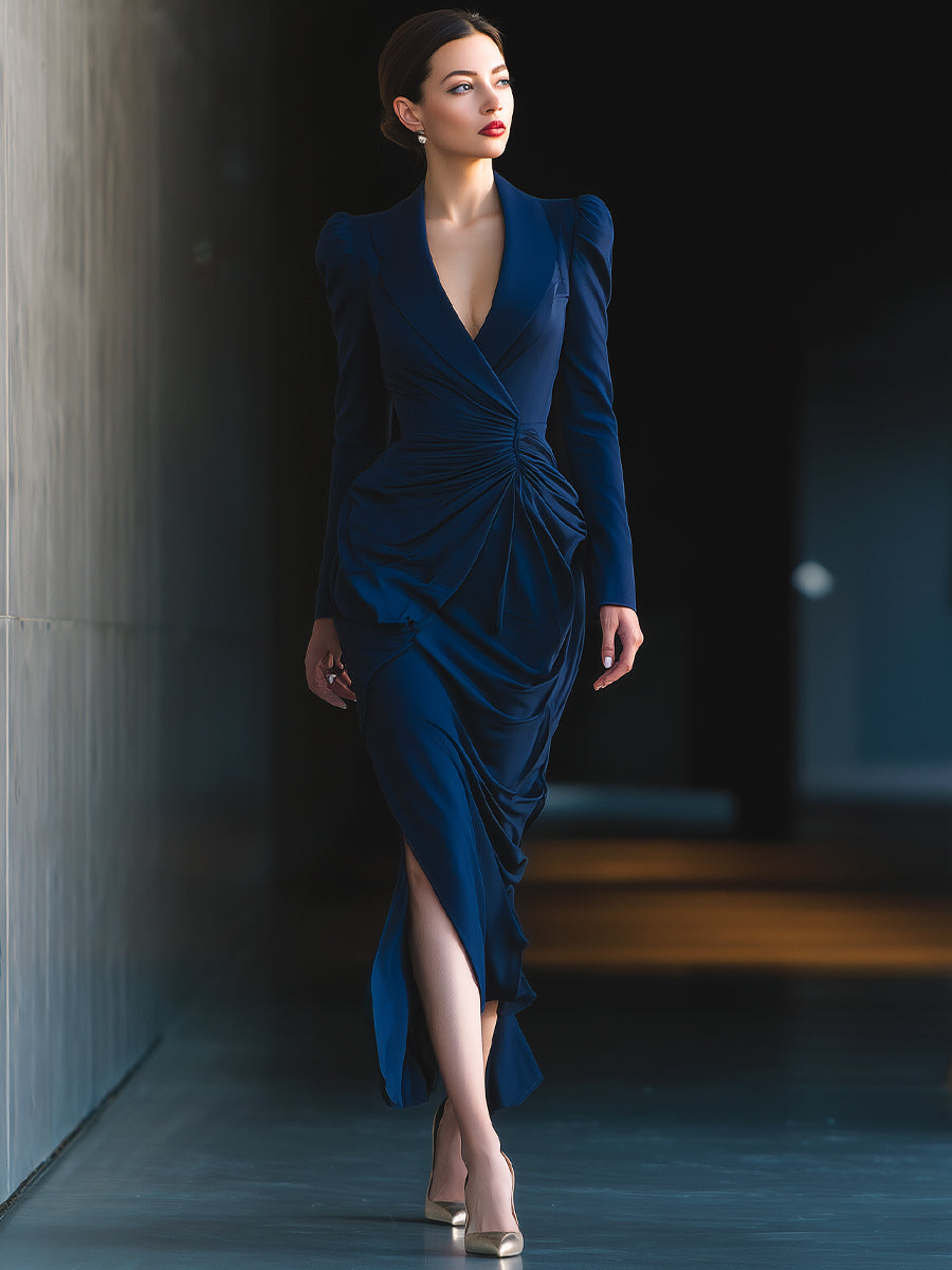 Midnight Navy Draped Wrap Dress With Structured Shoulders