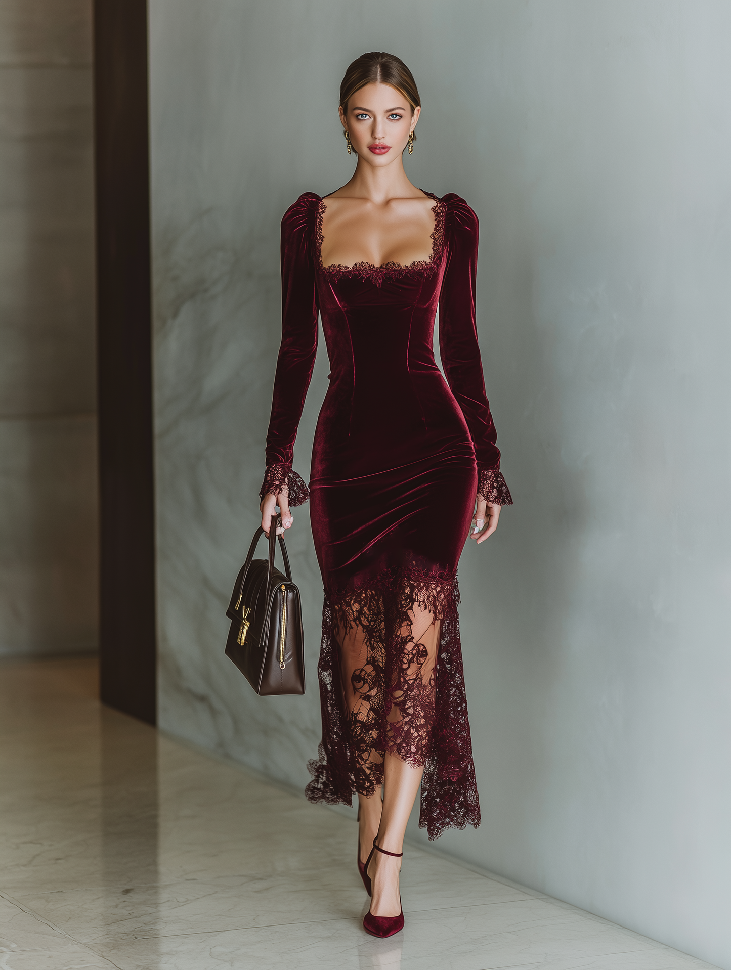 Women's Burgundy Velvet Lace Fitted Maxi Dress
