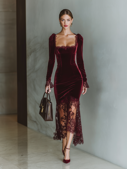 Women's Burgundy Velvet Lace Fitted Maxi Dress