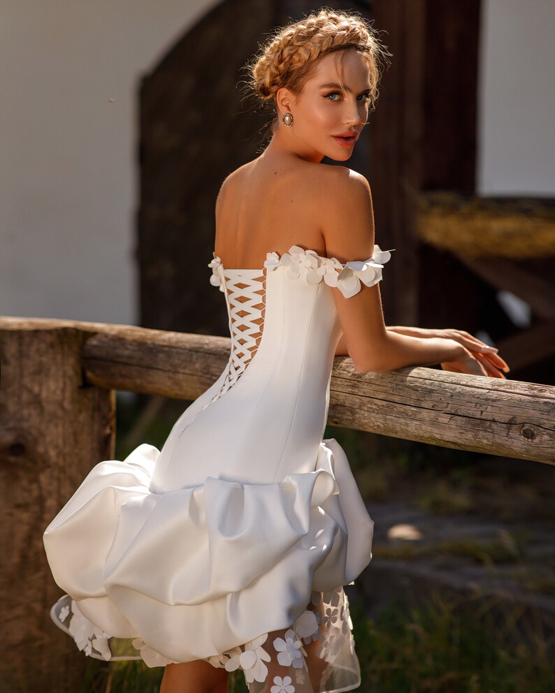 Handmade Flower decorated Off the shoulder sleeveless Lace up back Midi ruffled skirt Floral wedding dress