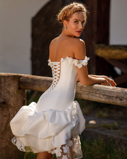 Handmade Flower decorated Off the shoulder sleeveless Lace up back Midi ruffled skirt Floral wedding dress