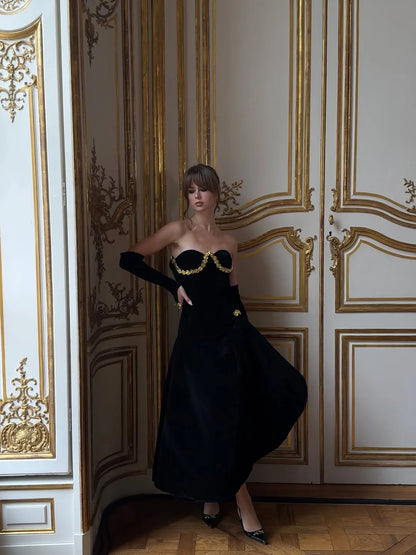 Elegant Black Sweetheart A-Line Ankle Length Prom Dress With Gloves YK0643