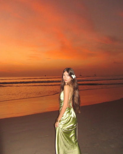 Green Split V-Neck Lace-up Summer Prom Dress ZT0712