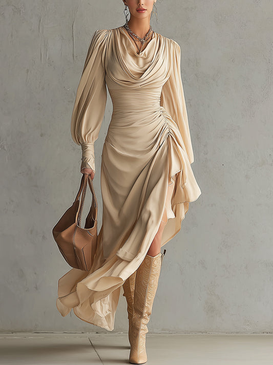 Champagne Draped Cowl Neck Ruched Asymmetric Maxi Dress