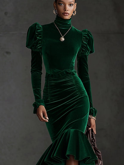 Emerald Velvet High Neck Puff Sleeve Mermaid Long Sleeve Midi Dress