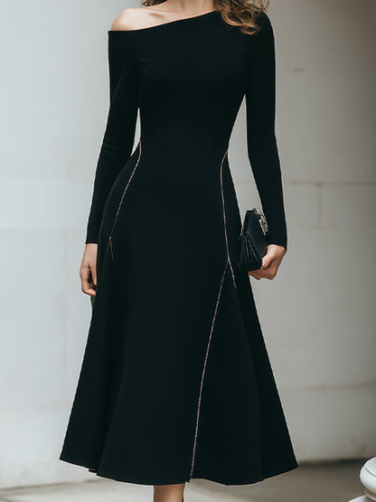 Black Off-Shoulder Midi Dress With Side Zipper Detail