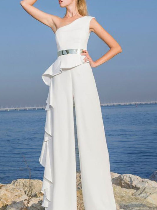 Urban One-Shoulder Sleeveless Belted Falbala Empire Wide Leg Jumpsuit
