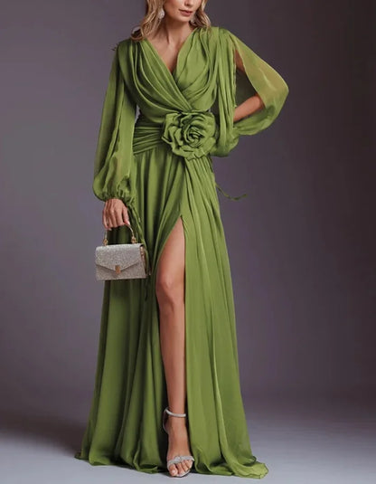 Elegant Chiffon Solid Color Long Sleeve Maxi Dress