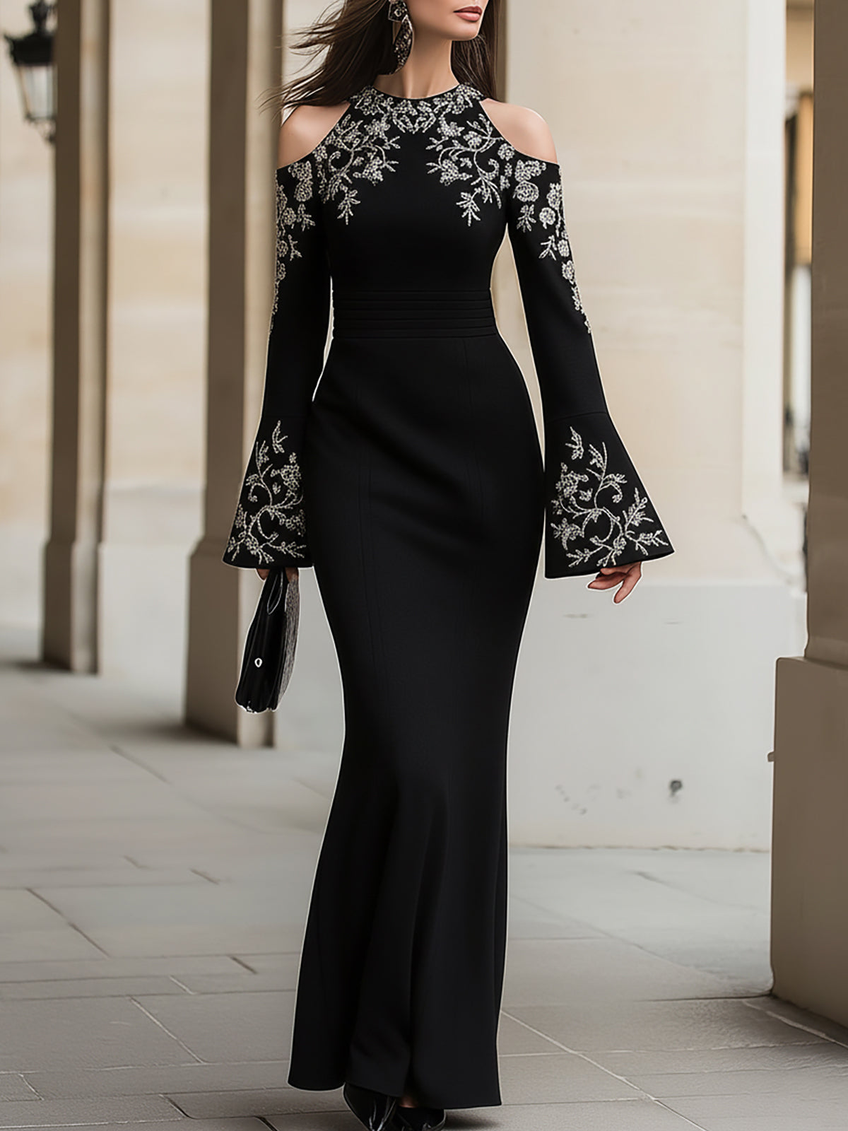 Elegant Black Cold-Shoulder Maxi Dress With Embroidery