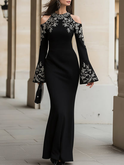 Elegant Black Cold-Shoulder Maxi Dress With Embroidery