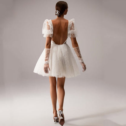 Mini Length Wedding Dress Short V-Neck Backless Above Knee Bridal Gown