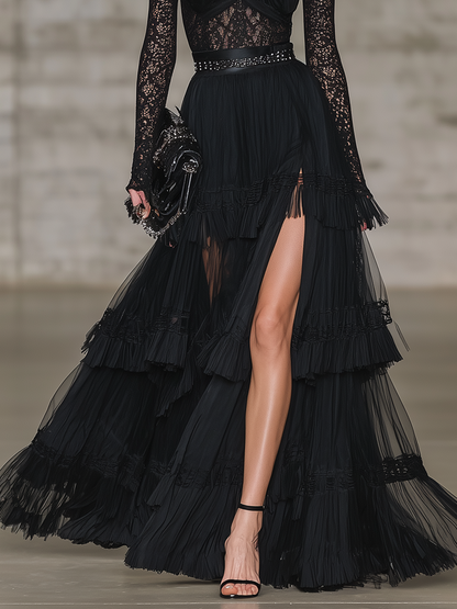 Black Lace Fringe Chiffon Slit Maxi Dress