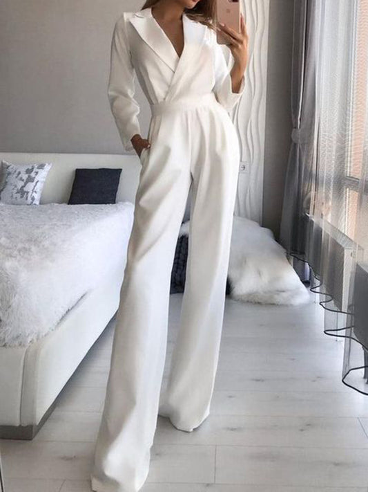 Fashion Solid Color V-Neck Empire Loose Long Sleeve Jumpsuit