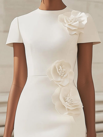 Women's Stylish White Midi Dress With Side Slit And 3D Flower Detail Mini Dress