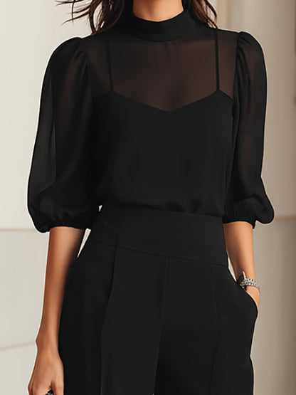 Black Chiffon Top And Wide Leg Pants Three Piece Set