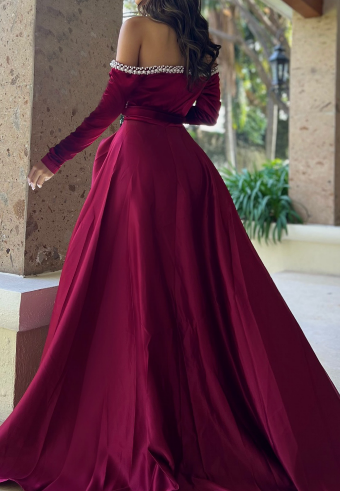 Off-Shoulder Long Sleeves Beaded High Slit A-Line Prom Dress