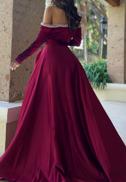 Off-Shoulder Long Sleeves Beaded High Slit A-Line Prom Dress