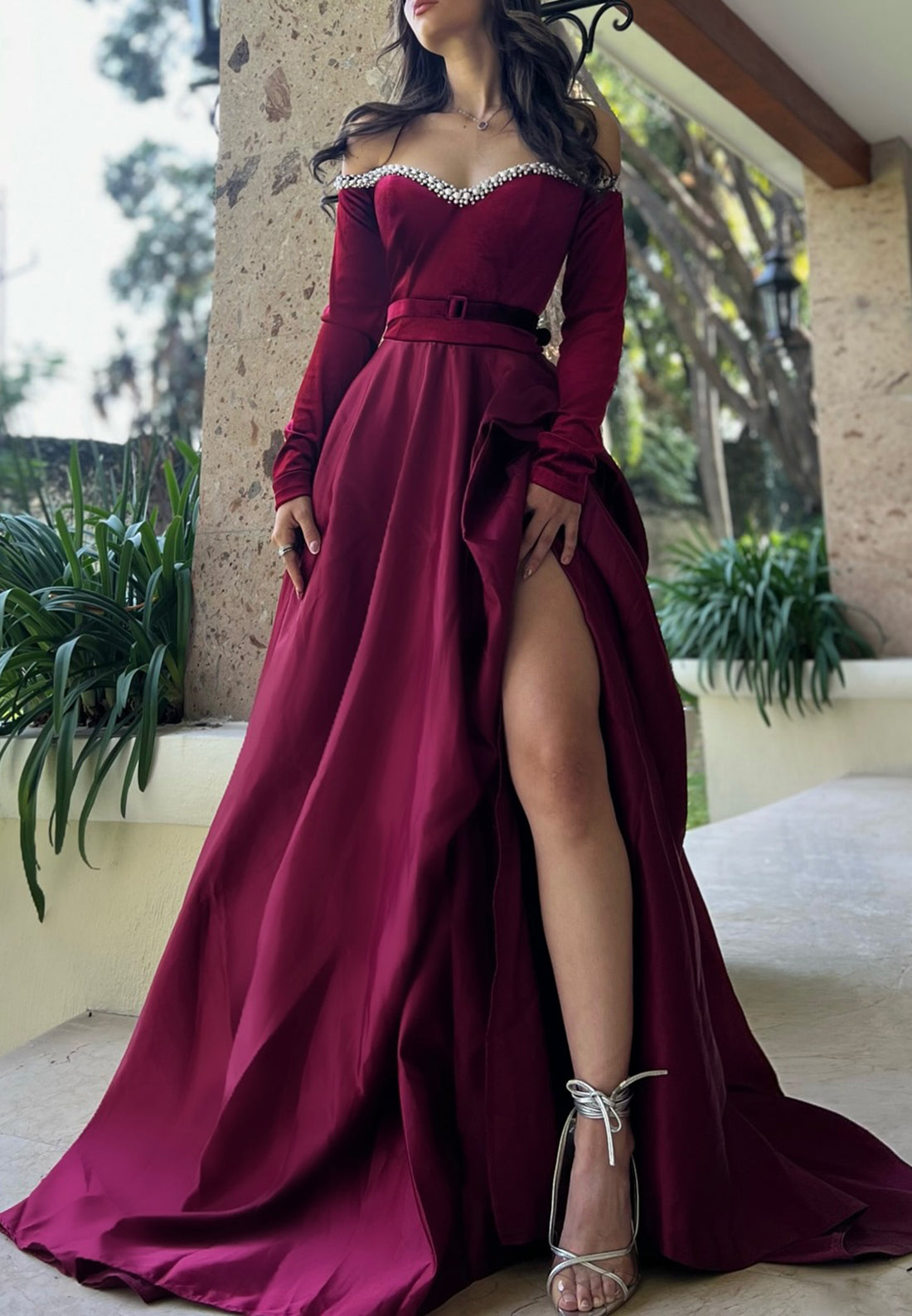 Off-Shoulder Long Sleeves Beaded High Slit A-Line Prom Dress