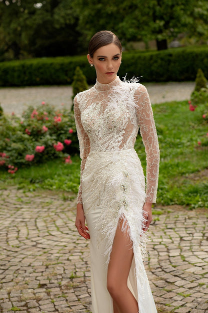 Sheath wedding dress Steis, Satin Ivory Lace Long sleeves wedding dress