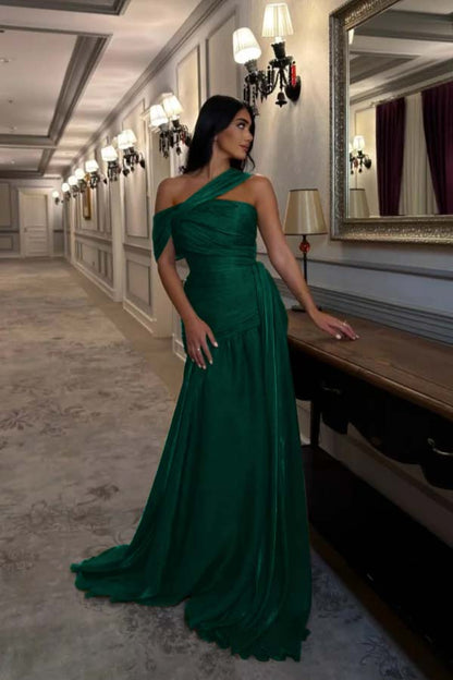 Simple Chiffon Off-The-Shoulder Sleeveless Long Prom Dress With Pleated