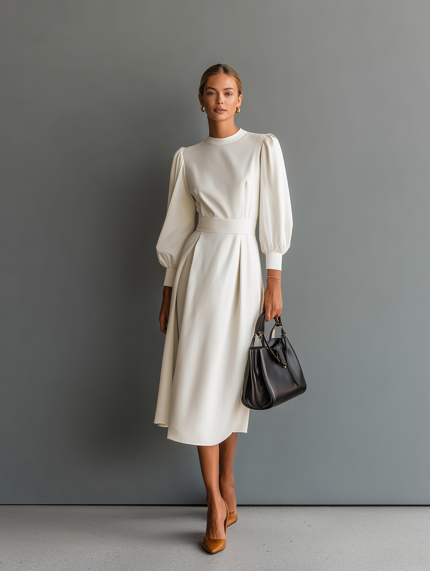 Women's Elegant White Slightly Stretchy Knit Round Neck Long Sleeve Slim Fit Midi Dress