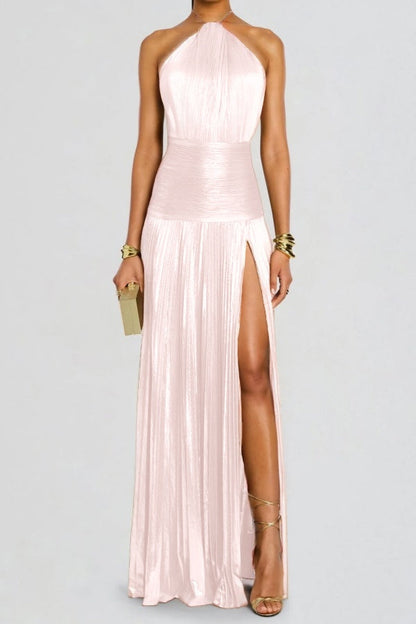 Charming Green Halter Sleeveless Backless Split Prom Dress with Pleated