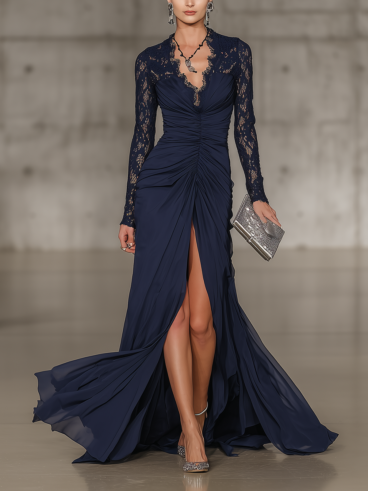 Navy Blue Lace Chiffon Maxi Dress