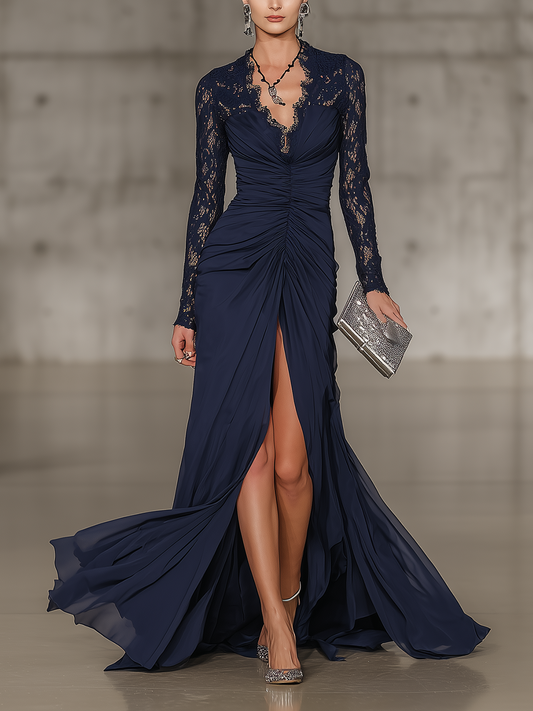 Navy Blue Lace Chiffon Maxi Dress