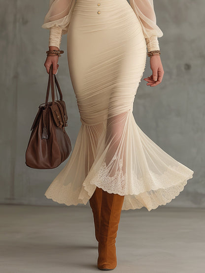 Beige Stretch Knit Chiffon Lace Trim Dress