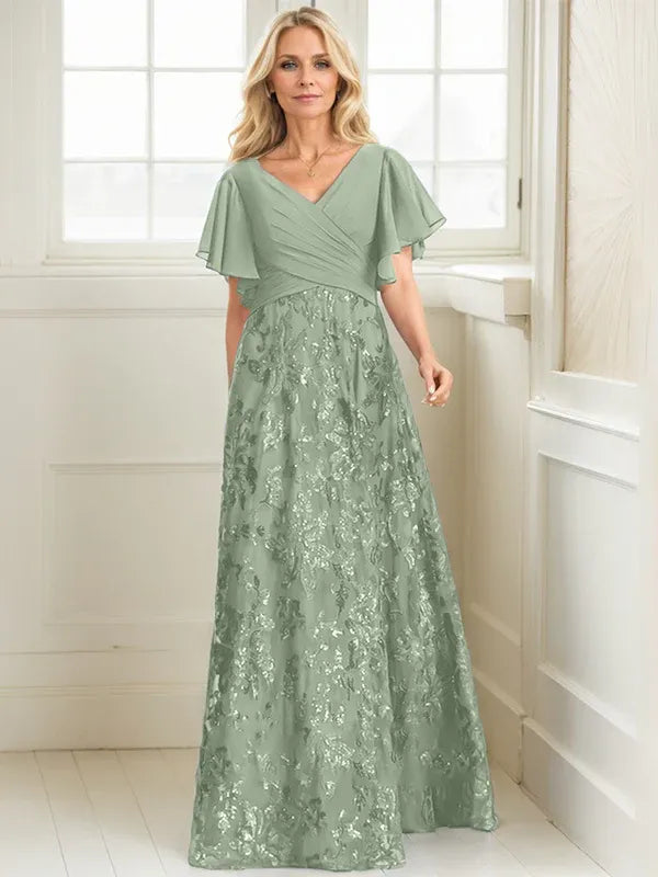 A-line V-Neck Floor-Length Lace Sequin Chiffon Mother of the Bride Dress With Pleated