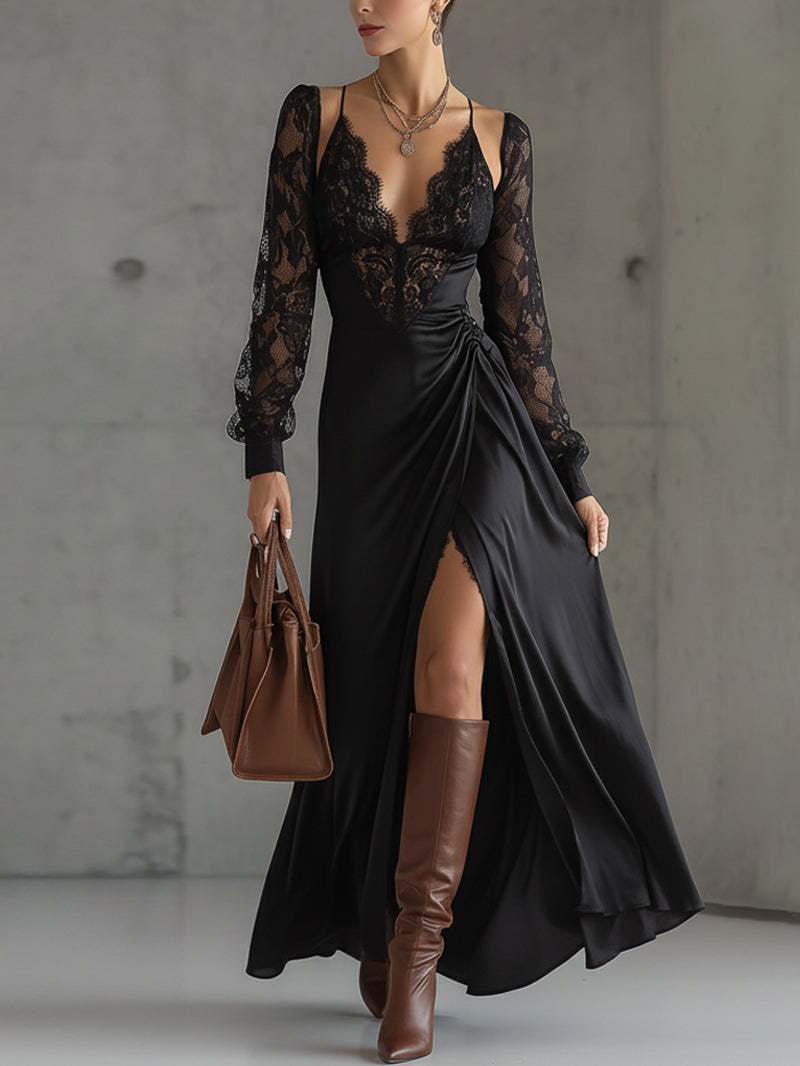 Black Lace And Satin Draped Long Sleeve Maxi Dress
