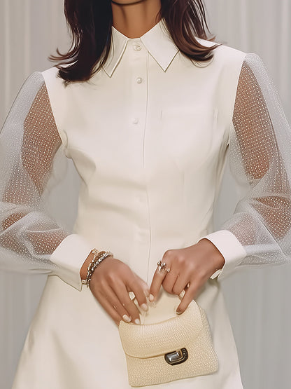 Cream White Shirt Dress With Transparent Mesh Sleeves