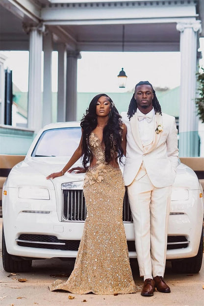 Champange Sleeveless Flowers Sequin Column Floor length Sparkle Prom Dresses